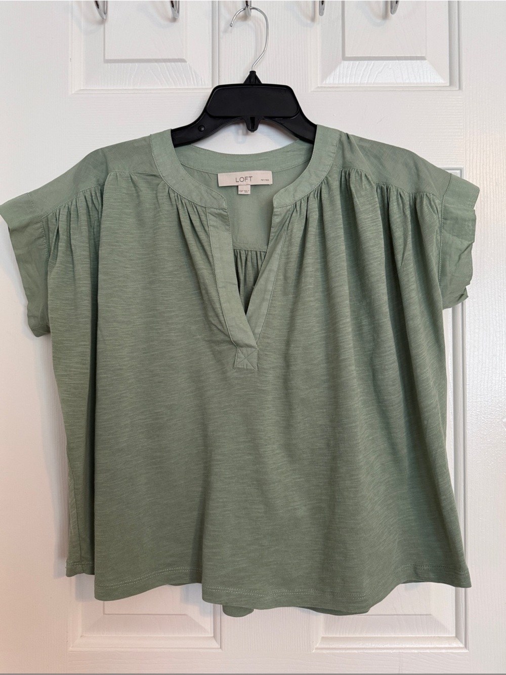 LOFT Light Sage Short Sleeve Split V-Neck Tee